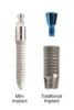 A one-piece solid and skinny mini dental implant with a snap on ball on top next to traditional two piece dental implant hardware - abutment plus screw.